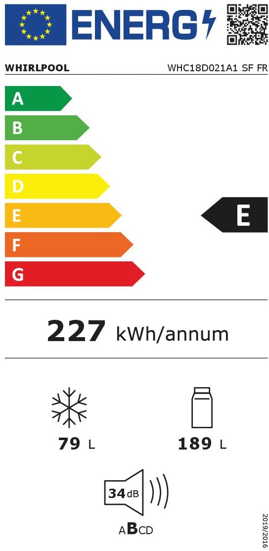 Réfrigérateur congélateur encastrable WHIRLPOOL , Froid Brassé, 268L - WHC18D021A1SFFR