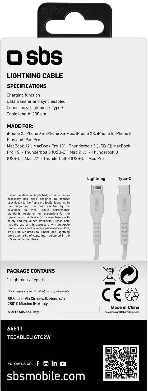 Câble USB SBS  données et recharge Lightning – Type C de 2 mètres de long - CABLELIGHTNING-TYPEC