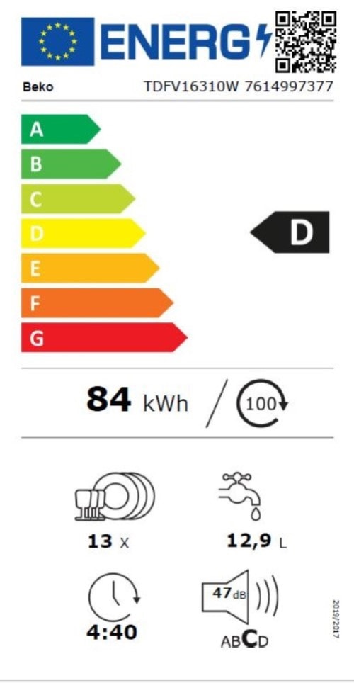 Lave vaisselle 60 cm BEKO 13 couverts - TDFV16310W