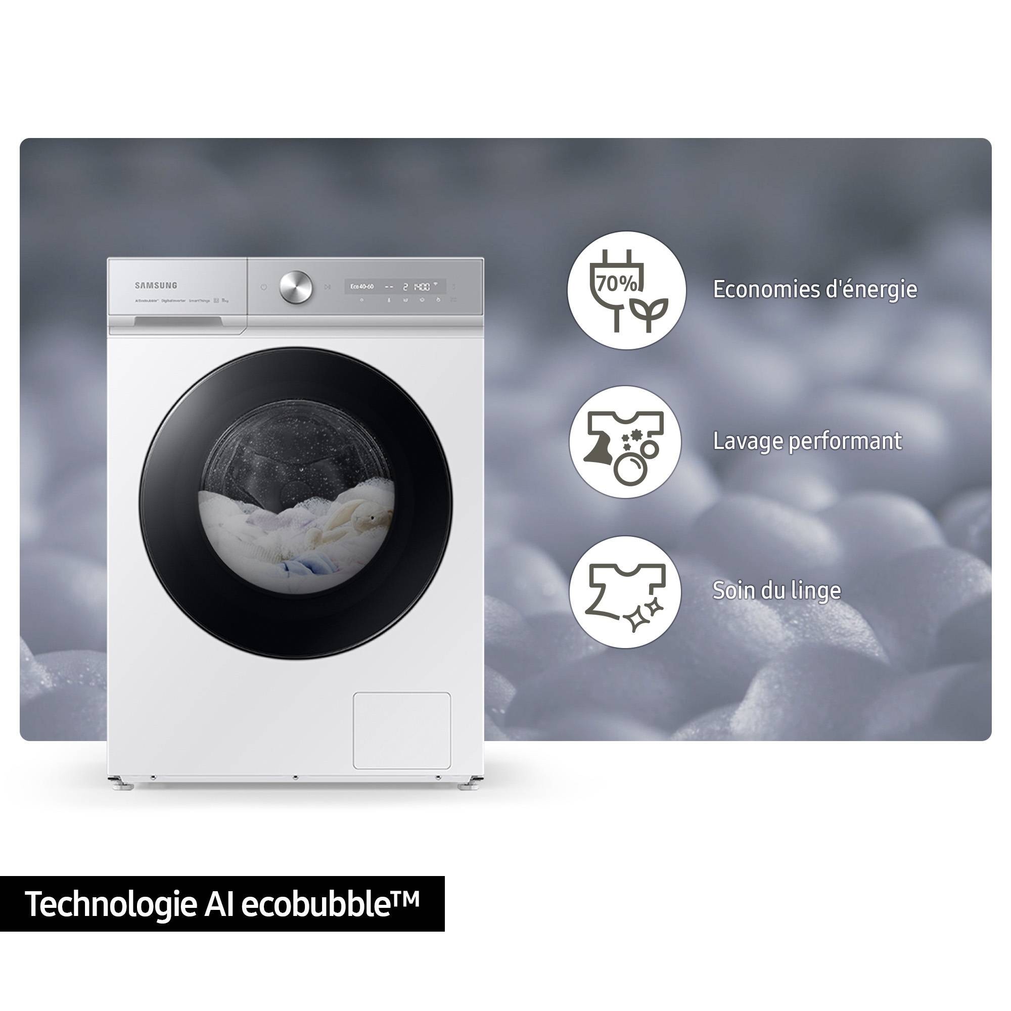 Lave linge Frontal SAMSUNG , AI Ecobubble, 1400 trs/mn, 9kg, Noir - WW90DB7U34GB