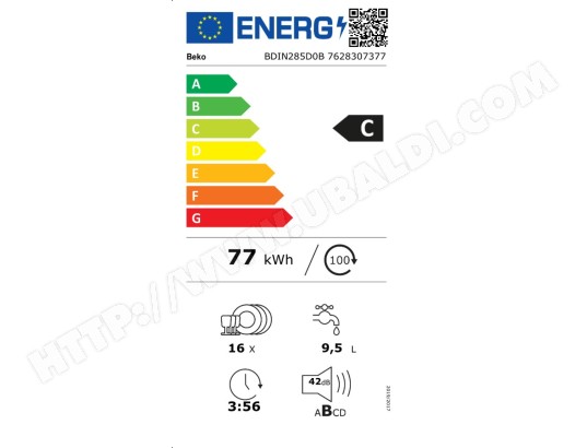 Lave vaisselle tout integrable 60 cm BEKO 16 couverts, 42 Db , 8 programmes - BDIN285D0B