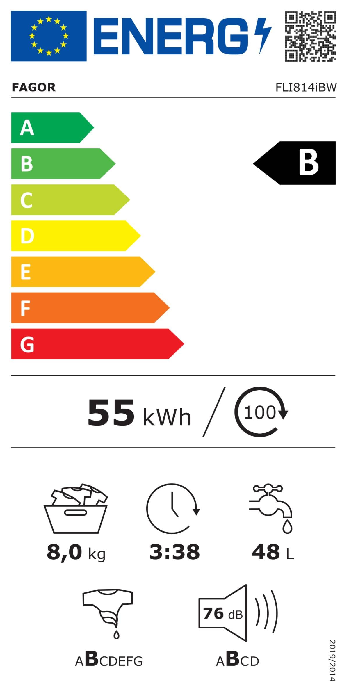 Lave linge encastrable FAGOR 16 programmes 1400 tours/min 76dB 8kg - FLI814IBW